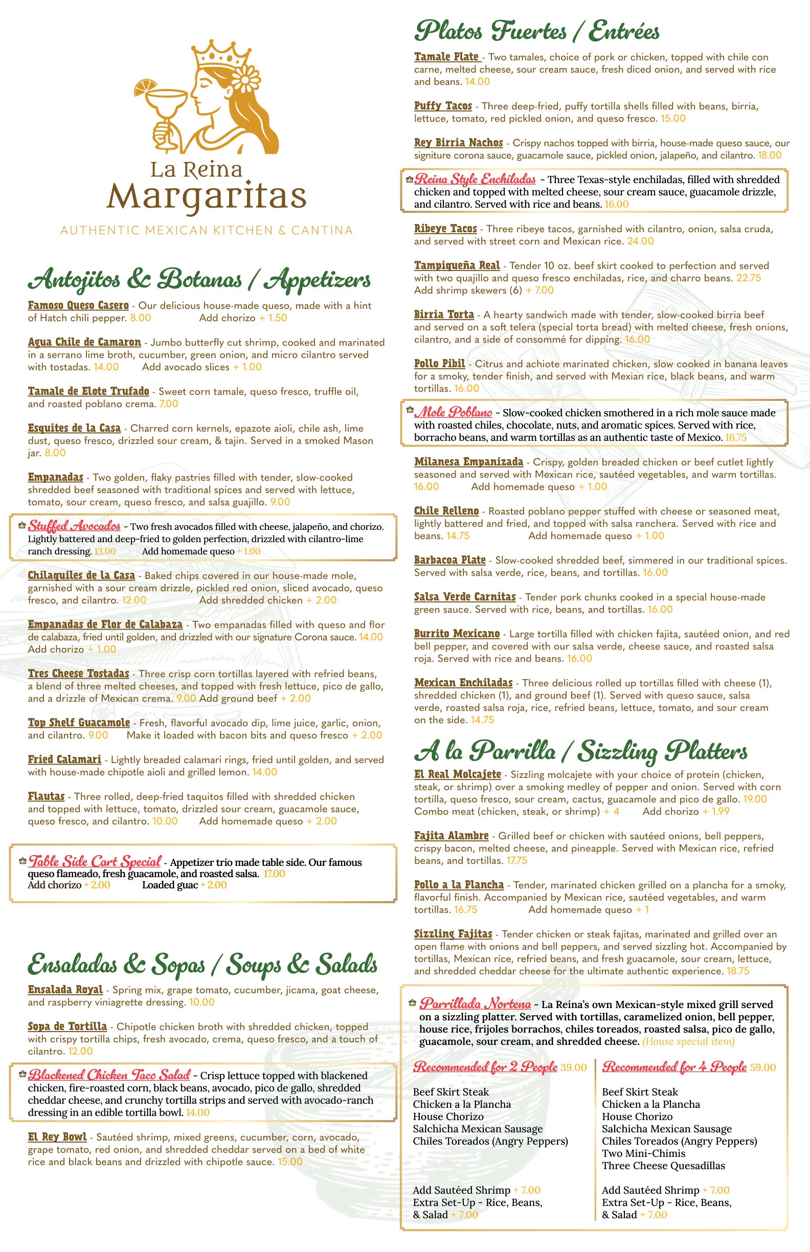 La Reina Margaritas Menu - Page 1